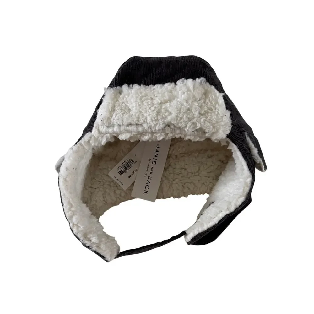 NWT Janie & Jack Gray Corduroy Sherpa Trapper Hat 4 - 5 years Winter
